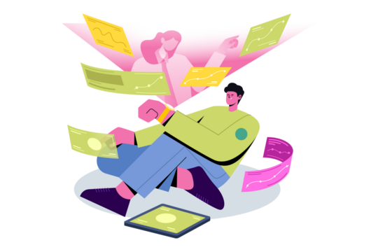 Cartoon Character Financial Management Depicted on Transparent Background with Flying Money and Digital Devices Investment Success