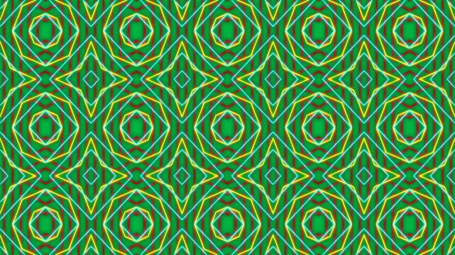 Animation of rows of neon kaleidoscope shapes moving on seamless loop on transparent background