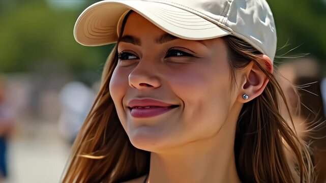 Smiling young woman with a baseball cap enjoys a sunny day outdoors candidly