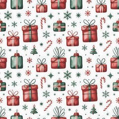 Festive watercolor seamless pattern of christmas gifts snowflakes candy canes and fir trees on a white background
