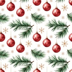Fototapeta premium Seamless pattern of red christmas baubles and pine branches with golden snowflakes on a light background
