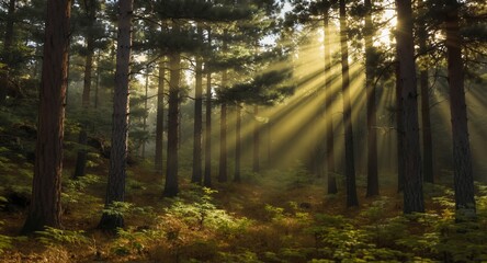 Obraz premium Sunlight Through Trees in Forest, Forest Background, Beautiful Nature Scene