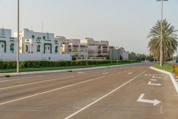 Wide residential avenue in Al Nahyan, Abu Dhabi, UAE, lined with villas, palm trees, and green hedges during quiet afternoon
