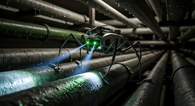 Robot Spider Inspecting Pipes with Green Lights in Dark Environment.