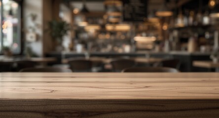 Wooden Table in Cafe with Blurred Background