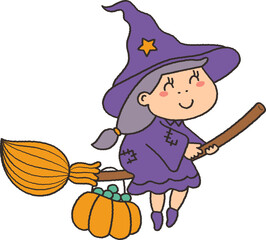 Cute halloween witch doodle in cartoon hand drawing style 