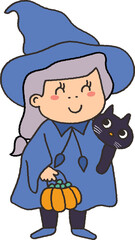 Cute halloween witch doodle in cartoon hand drawing style 