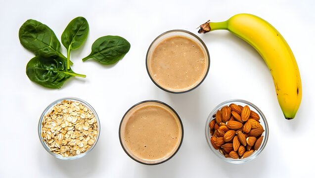 Ingredients for a healthy smoothie with banana spinach oats and almonds on white background