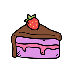 Cartoon Slice of Layered Cake with Chocolate Drizzle and Strawberry Topping on Transparent Background Dessert Illustration Sweet Treat Icon