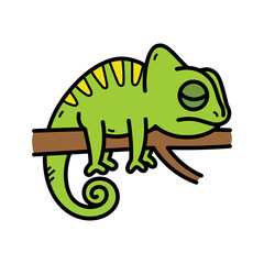 Cartoon Green Chameleon Resting on Brown Branch with Yellow Stripes in White Background Digital Art