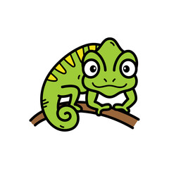 Cartoon Green Chameleon Sitting on Branch with Transparent Background
