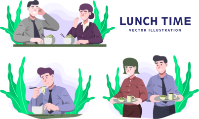 Cartoon Illustration of People Eating Lunch with Leafy Green Accents and Transparent Backdrop Featuring Business Attire