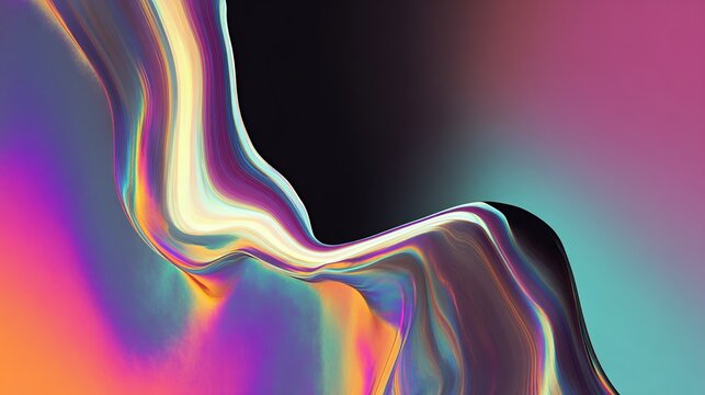 Abstract, flowing, iridescent digital art piece with vibrant colors morphing across a dark background