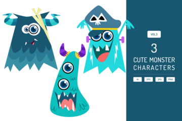 Cartoon Monster Characters Illustration with Pixel Art Style and Turquoise Color Palette on White Background