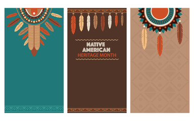 Native American Heritage Month vertical vector banners set for mobile phone screen with tribal feathers and ethnic patterns.