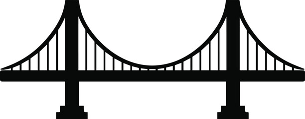 suspension bridge with tall towers and curved cables, side view, solid black silhouette