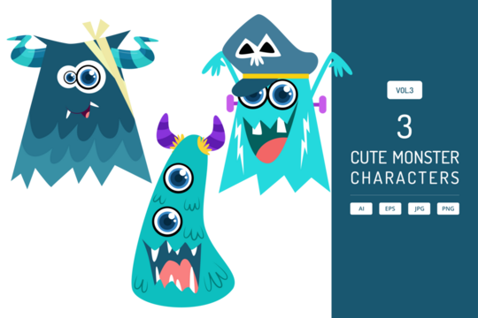 Cartoon Monster Characters Illustration with Pixel Art Style and Turquoise Color Palette on White Background