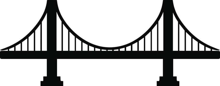 suspension bridge with tall towers and curved cables, side view, solid black silhouette
