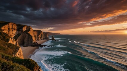 Sunset over rugged seaside cliffs