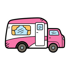 Cartoon Pink and White Camper Van with Transparent Background Illustration