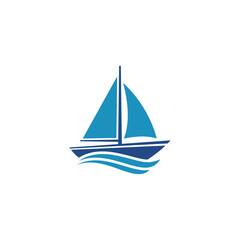 Simple graphic illustration of a sailboat floating on stylized blue waves against a white background.