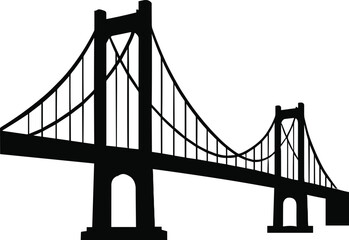 suspension bridge with tall towers and curved cables, side view, solid black silhouette