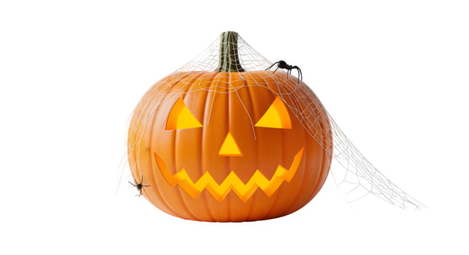 Jack-o'-lantern with spiderweb and spiders isolated png transparent background - Powered by Adobe