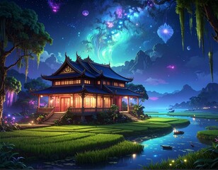 Whimsical Traditional Vietnamese House at Night