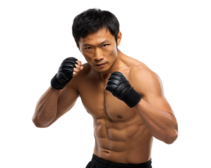  muscular Asian fighter wearing black fingerless combat gloves in a fighting stance, on transparent background 