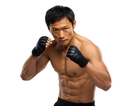 muscular Asian fighter wearing black fingerless combat gloves in a fighting stance, on transparent background