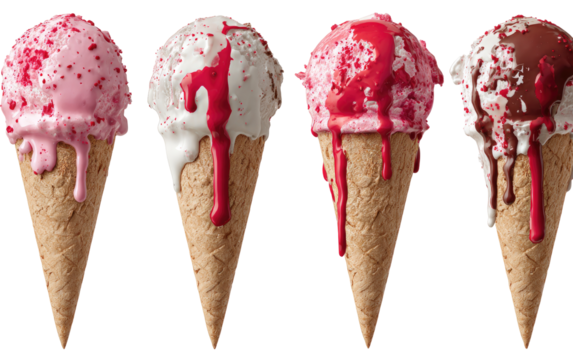Four dripping ice cream cones in pastel colors