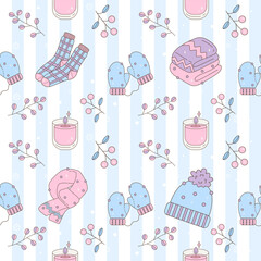 Pastel cozy winter seamless pattern with socks, mittens, scarf, candle and berries, perfect for seasonal wrapping paper and fabric