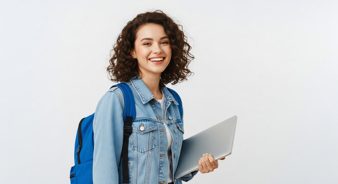 Smiling young woman student holding laptop with backpack