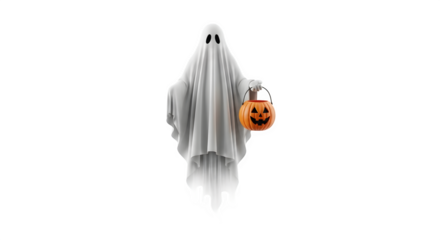 Halloween ghost with pumpkin bucket isolated png transparent background