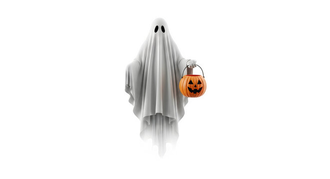 Halloween ghost with pumpkin bucket isolated png transparent background - Powered by Adobe