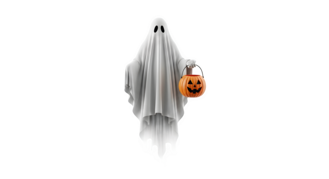 Halloween ghost with pumpkin bucket isolated png transparent background