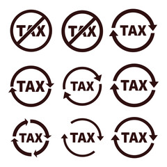Obraz premium Tax icons and symbols silhouette isolated on white background, A collection of tax related icons and symbols presented in a silhouette style on a clean white background.