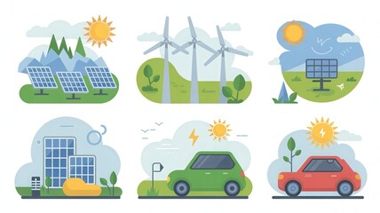 Fototapeta premium Embrace clean energy solutions with wind turbines, solar panels, and electric vehicles for a sustainable future, driving green innovation and powering communities