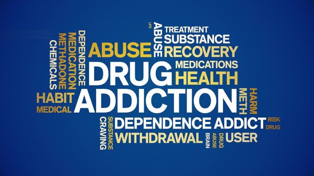 Drug Addiction animated word cloud-text design animation tag kinetic typography seamless loop.