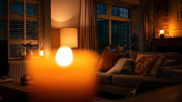 A warm, cozy interior scene lit by lamps and candles in a living room with soft lighting
