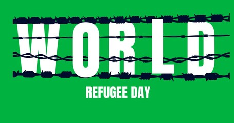 Barber wire over world refugee day text banner against transparent background