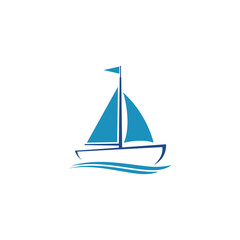 Simple blue sailboat illustration with a single sail and flag on wavy water, isolated on white.