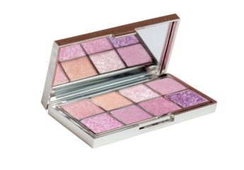 Open eyeshadow palette with nine shades of pink and mauve