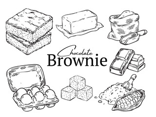 Set of isolated hand drawn chocolate brownie recipe and ingredients outline drawing illustration