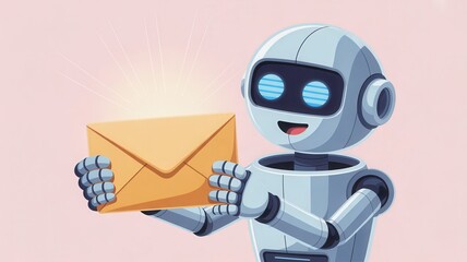 Friendly robot delivering important mail with a smile, conveying innovation and efficiency in modern communication, perfect for tech and automation themes