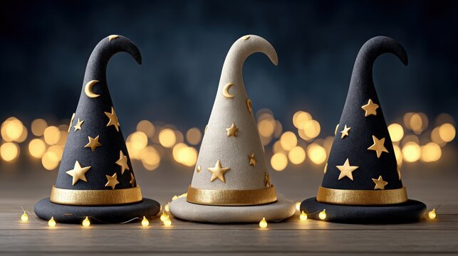 Magical Witch Hats with Stars and Moons against Twinkling Lights