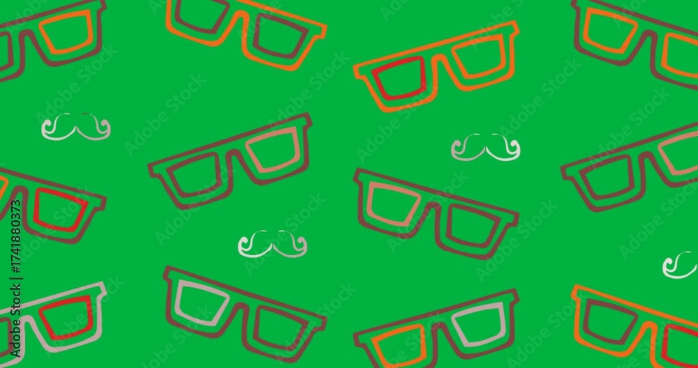 Wall mural sunglasses and moustache icons moving in seamless pattern with copy space on transparent background