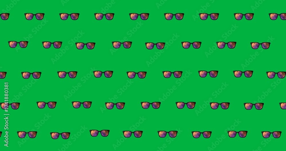 Wall mural multiple sunglasses icons moving in seamless pattern against copy space on transparent background