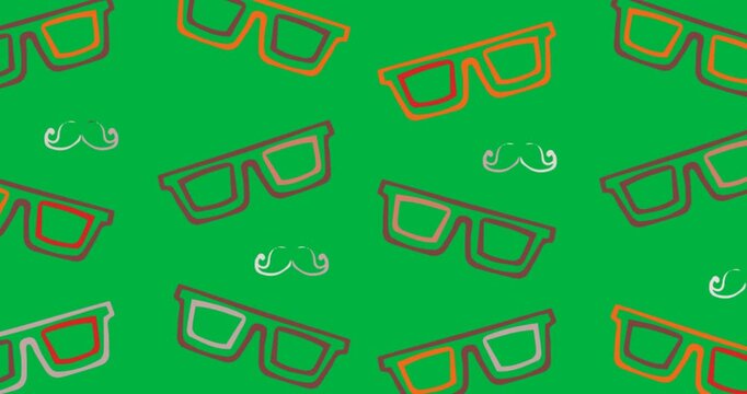 Sunglasses and moustache icons moving in seamless pattern with copy space on transparent background