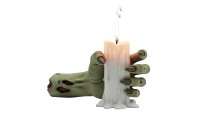 Zombie hand holding melting candle isolated png transparent background